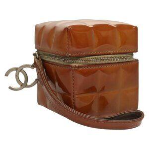 CHANEL Choco Bar Cube Pouch Patent leather Brown Silver CC Auth mr1474
